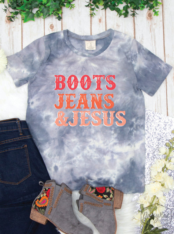 Grace and Emma Blue Smoke Boots Jeans and Jesus Ladies Crew Neck Tee  4987B-BJJ