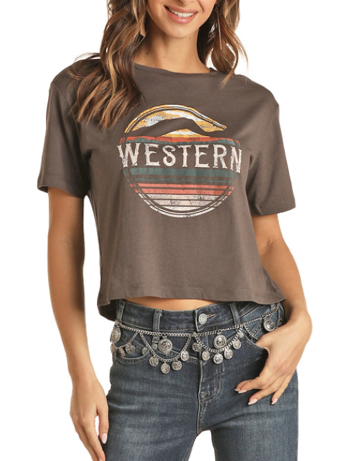 Rock & Roll Cowgirl Charcoal Western Cropped Graphic Tee Shirt 49T1152