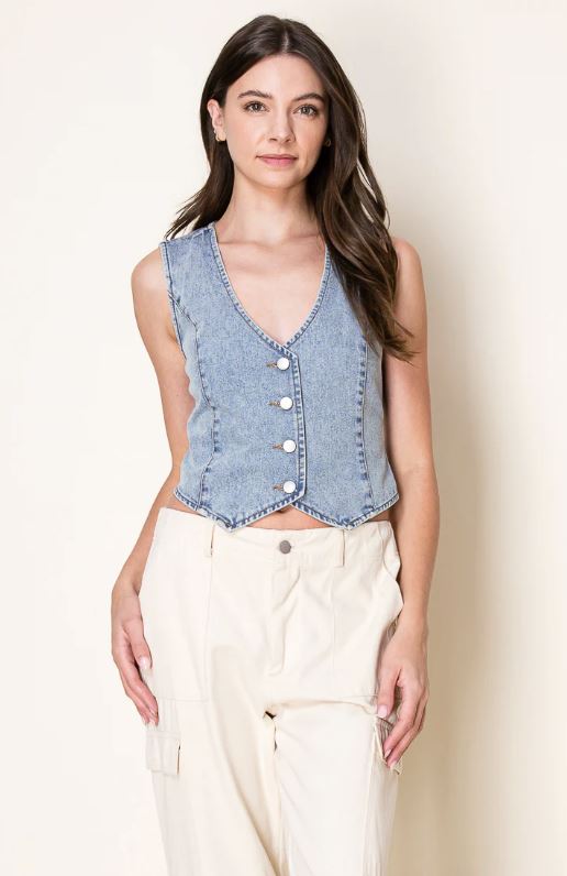 26 International Sun Lt Blue Washed Denim Women's Fitted Vest 55498-LTBLUE