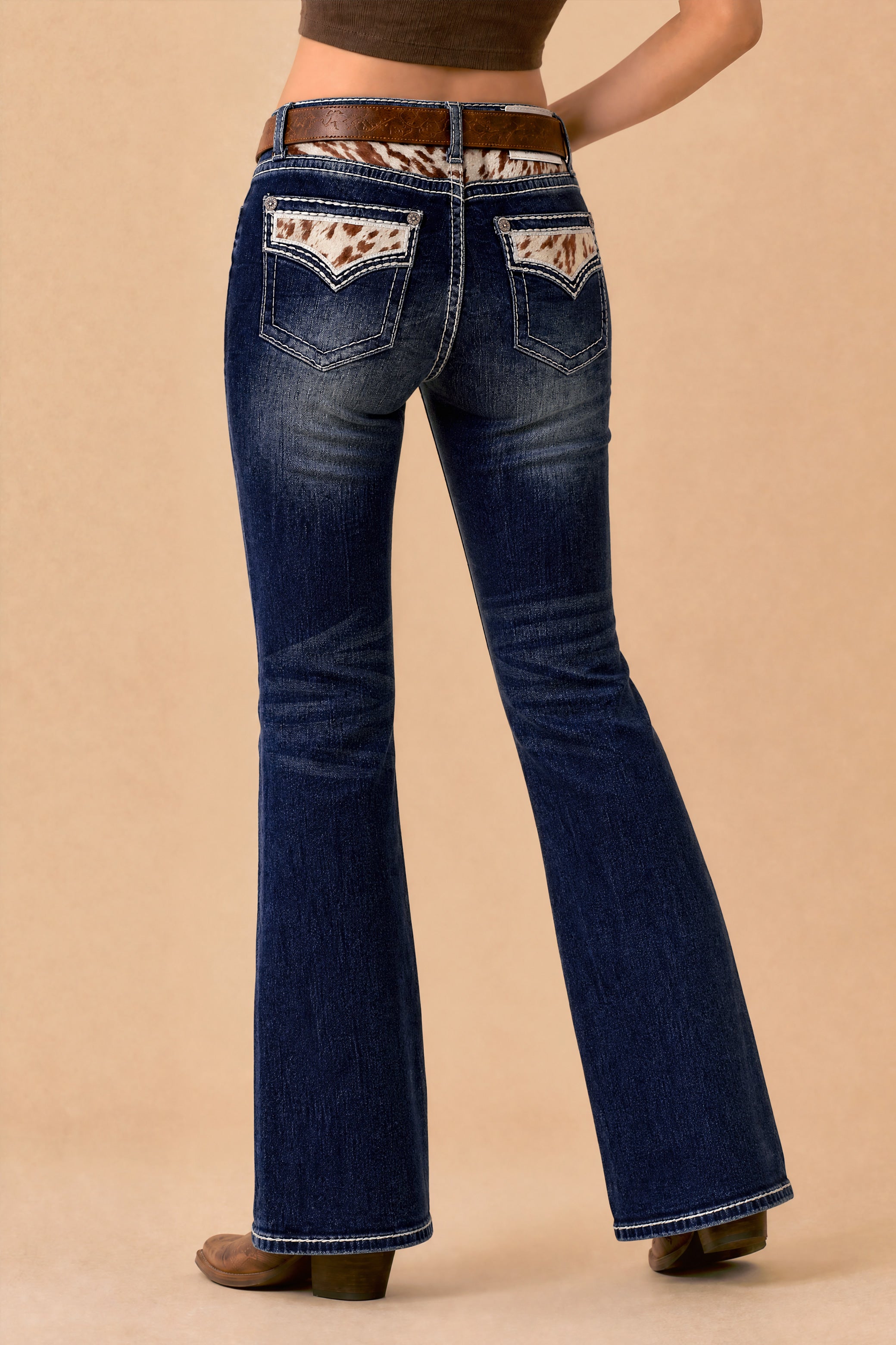 Western Blue Dark Indigo Wash Women's Mid Rise Bootcut Jeans with Cowhair Look Faux Pocket WLB-002