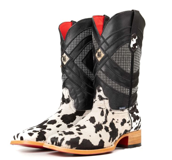 Rock'em Black/White Cowhide Red Bottom Men's Square Toe Western Boots