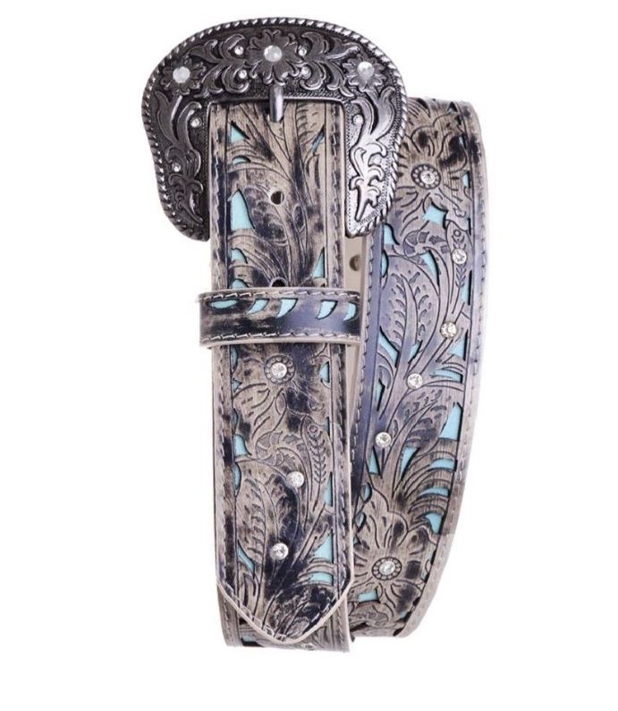 Kamberley Beige Embossed Rhinestone Tooled Belt with Pewter Buckle 6537