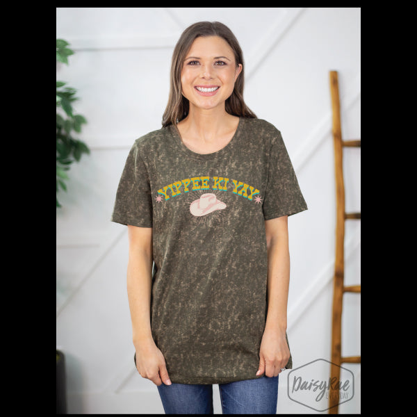 Grace and Emma Dark Green Tie Dye Yippie Ki Yay Womens Tee Shirt 6749E-YY
