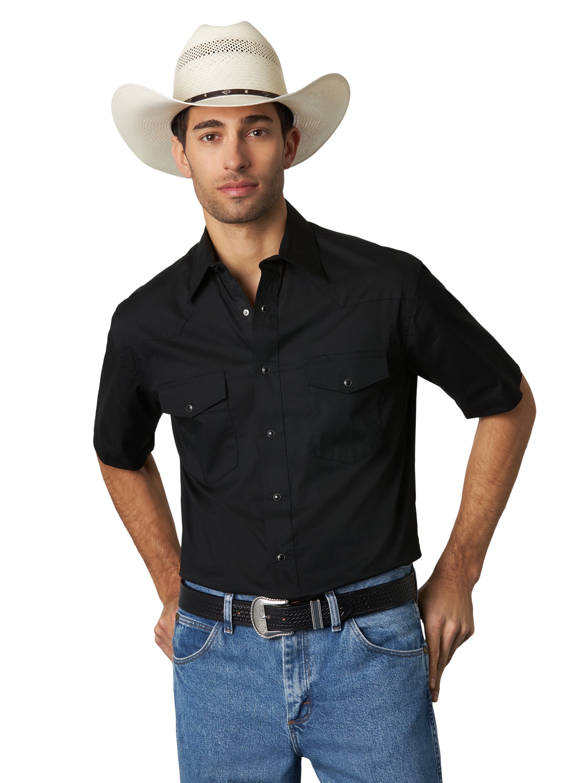Wrangler Black Sport Western Men's Big & Tall Collared Short Sleeve Snap Shirt 71106BK