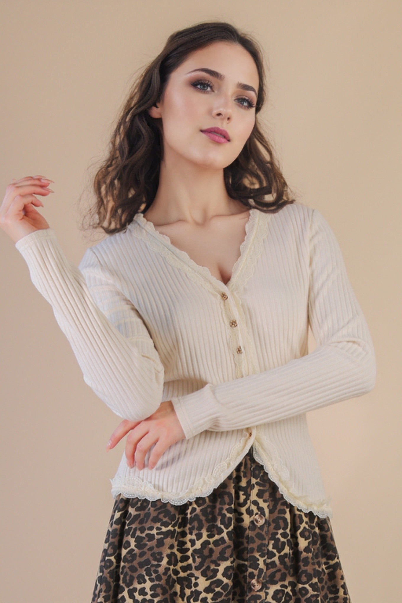Very J Button Down Lace Trim Fitted Knit Top NT12345