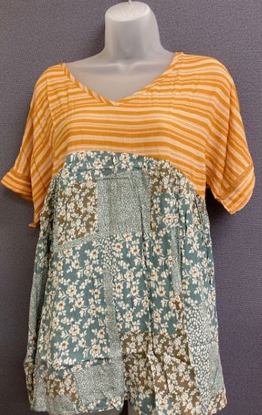Grace and Emma Gold and Green Mix Pattern Follow Your Path Womens Short Sleeve Top 7438B