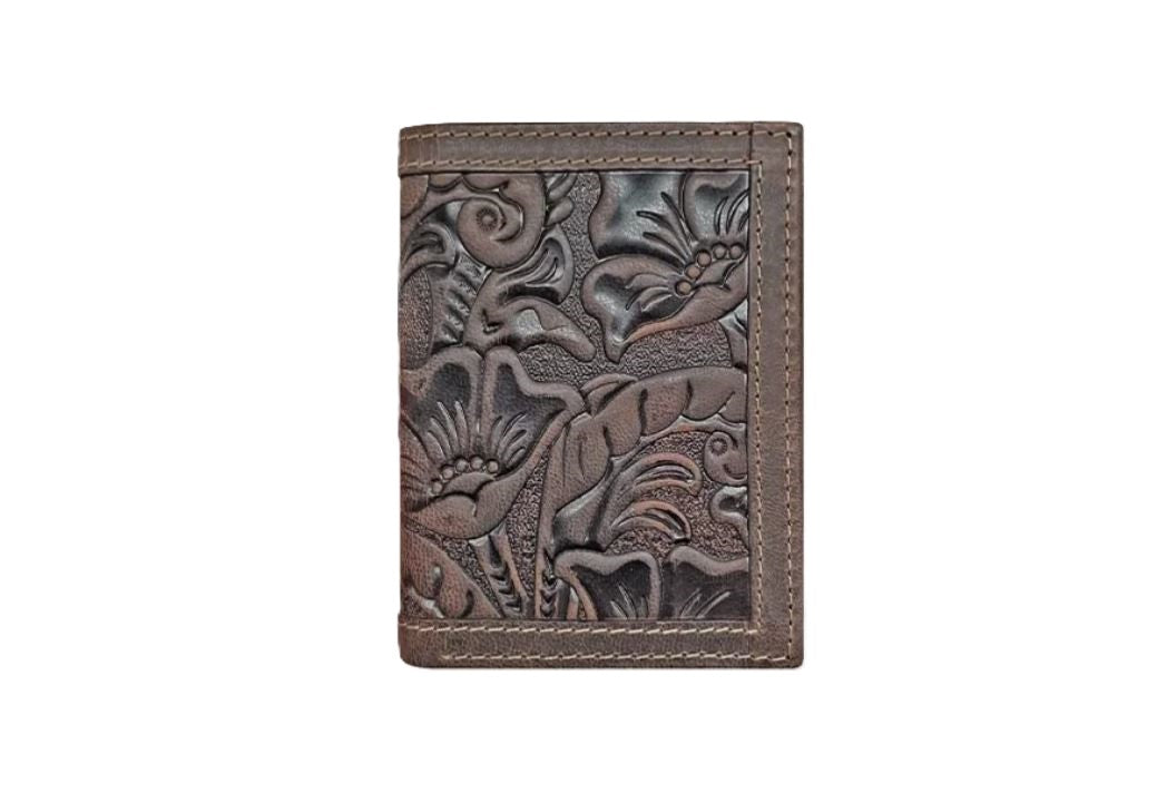 Wrangler Brown Texas Rose Embossed Leather Body Men's Trifold Wallet 7605001-200