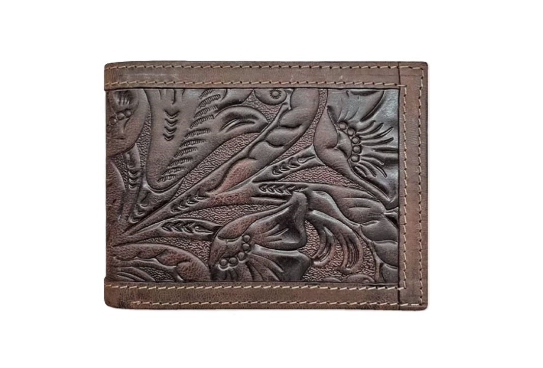 Wrangler Brown Texas Rose Embossed Leather Body Men's Bifold Wallet 7605002-200