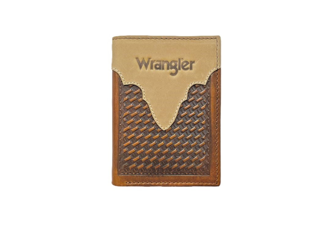 Wrangler Brown/Tan Genuine Leather Basketweave Trifold Embossed Wallet 7607001