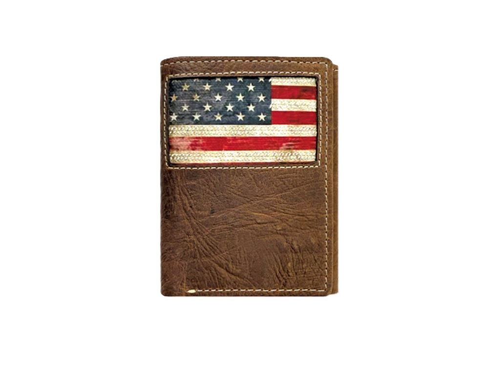 Wrangler Brown Genuine Textured Leather Body Men's Trifold Wallet with American Flag Inlay 7608