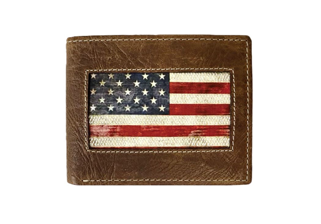 Wrangler Brown Genuine Textured Leather Body Men's Bifold Wallet With Vintage American Flag Inlay 7608002