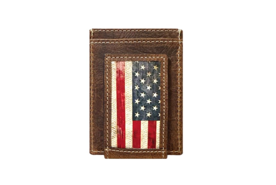 Wrangler Brown Genuine Textured Leather Body Men's Magnetic Front Pocket Vintage American Flag Inlay Wallet 7608004