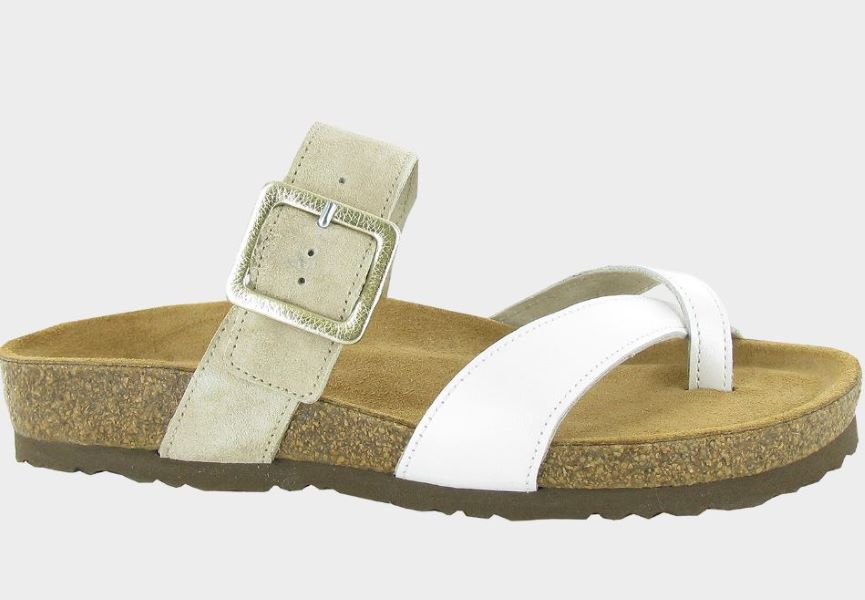 Naot White Pearl Leather and Sand Stone Suede Fresno Womens Sandals 8250-WDX
