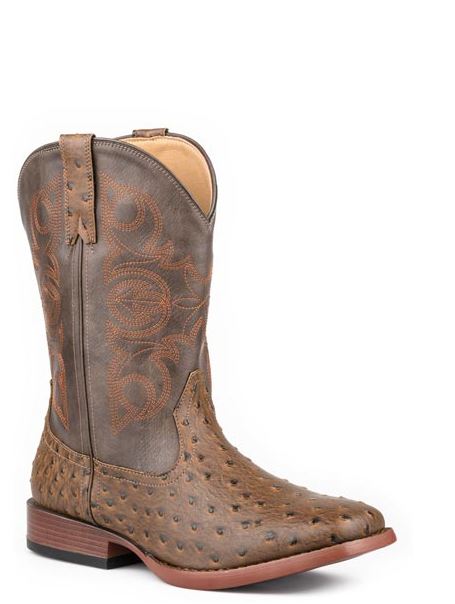 Roper Brown Faux Ostrich leather Luke Little Kids 9 inch Wide Square Toe Western Boots 901801913803BR