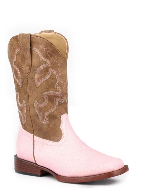 Roper Pink Glitter Vamp with Brown Faux Leather Shaft Little Girls' 9 inch Western Boots 901801913804PI