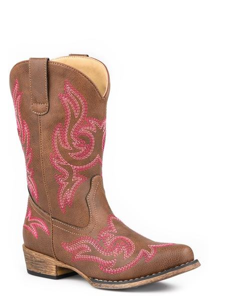 Roper Vintage Brown with Pink Western Stitch Designs Little Girls Snip Toe 9 inch Western Boots 901801913805BR