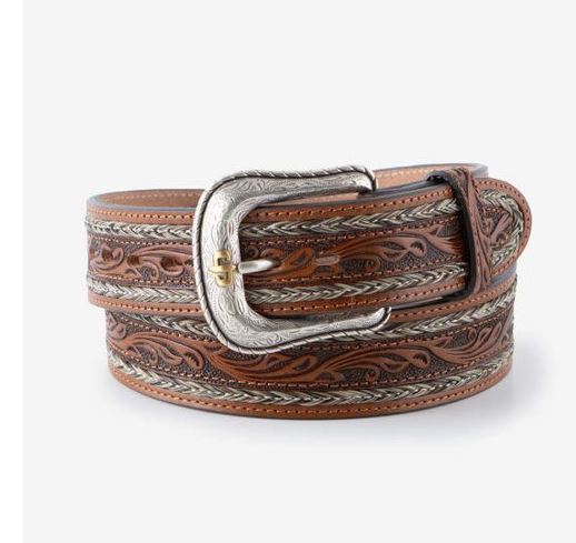 Stetson Natural Hand Tooled Leather Belt with Two Tone Finish Buckle 9922500-104