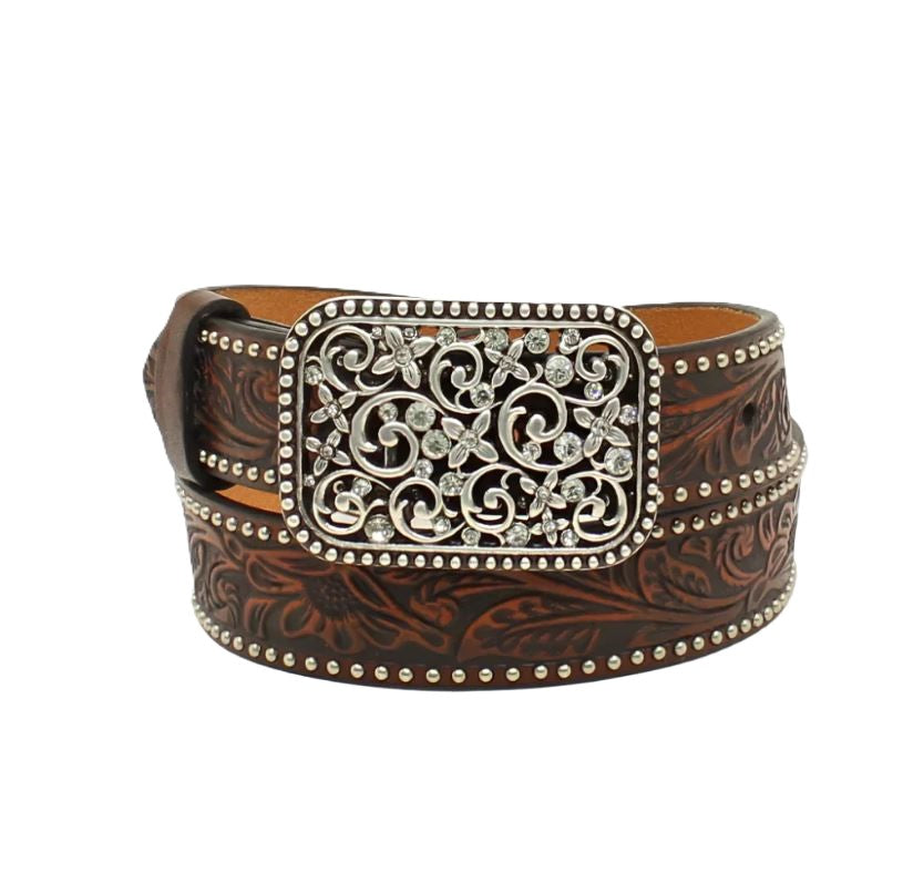 Ariat Brown Girl's Belt with Square Floral Embossing and a Crystal Buckle A1303602