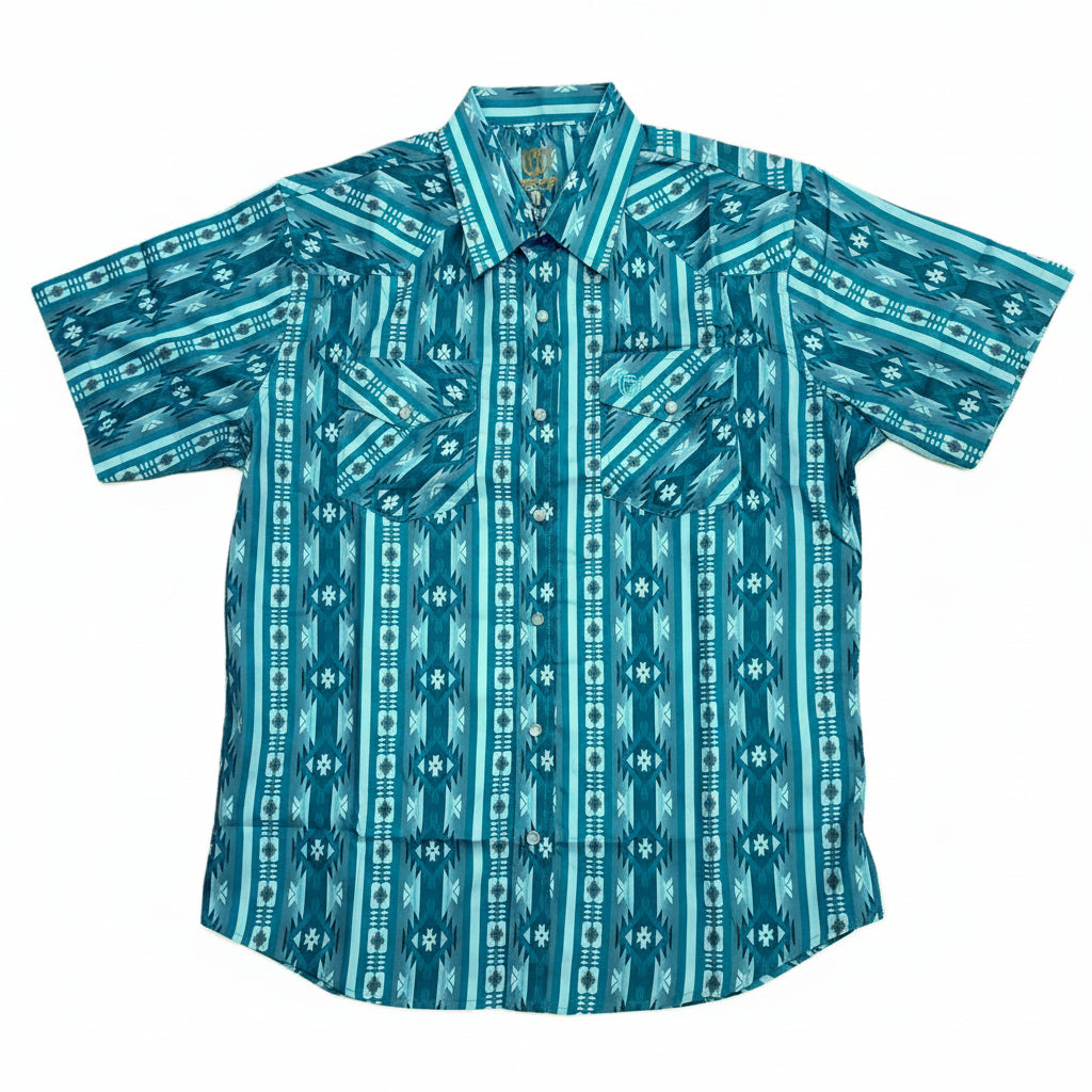 American West Turquoise Aztec Print Men's Collared Half Sleeve Snap Front Shirt AW-312H