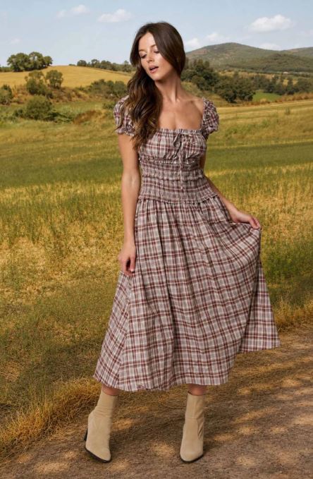 Blu Pepper Burgundy Plaid Puff Sleeve Ruffled Smocked Waist Midi Dress B6FD1012