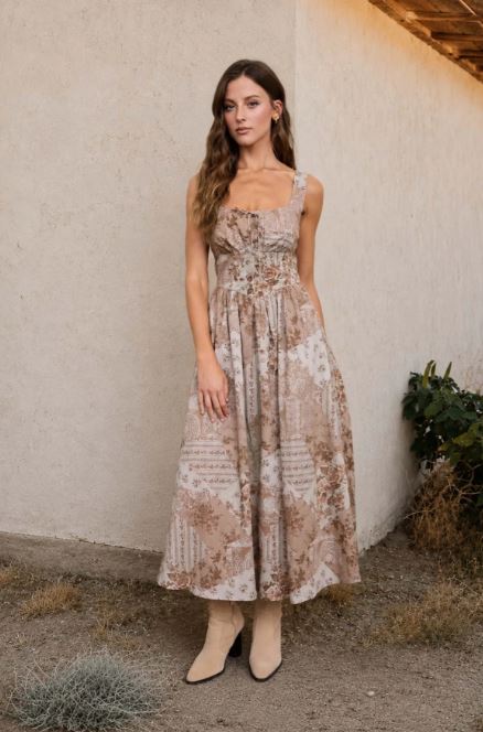 Blu Pepper Taupe Multi-Pattern Sleeveless Corset Midi Dress B6SD1015