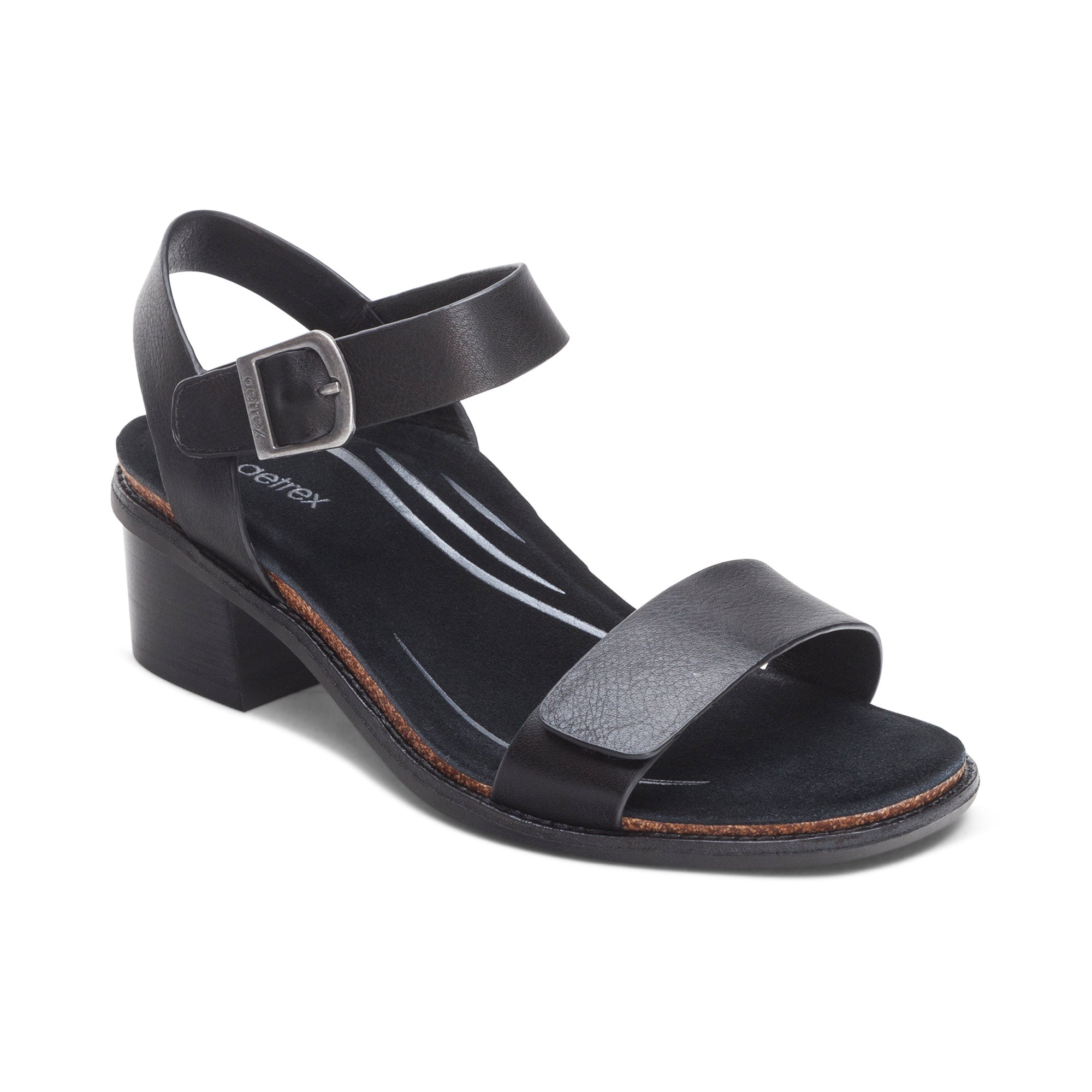 Aetrex Black Mae Adjustable Quarter Strap Women's Heels BH120