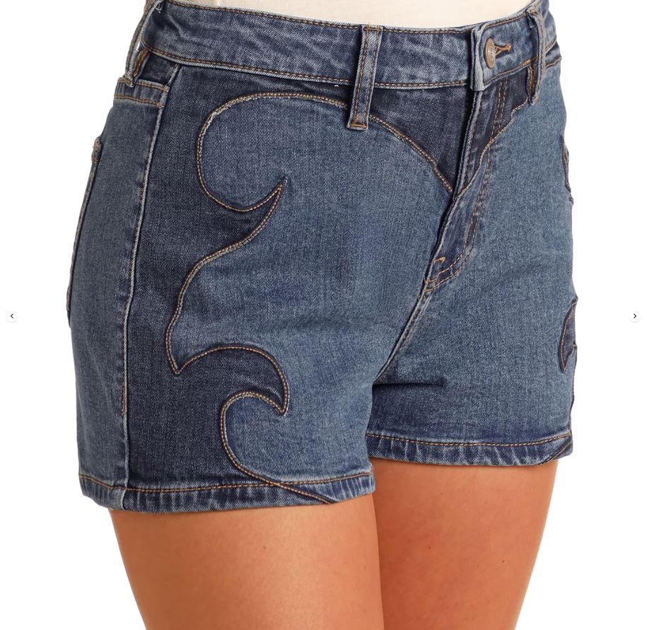 Rock & Roll Denim Medium Wash Women's Extra Stretch Front Yoke Detail Denim Shorts BW68D06092