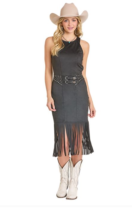 Rock and Roll Denim Black Microsuede Fringe Women's Dress with Faux Belt and Stud Trim BWD0R07779-01