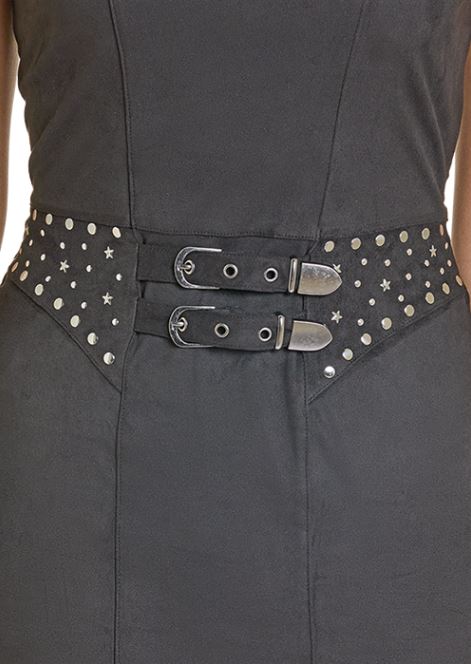 Rock & Roll Denim Women's Faux Suede Fringe Belted Sleeveless Midi Dre
