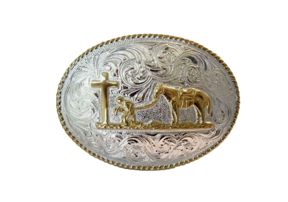 Crumrine Shiny Silver and Bronze Cowboy Prayer Buckle C1037448