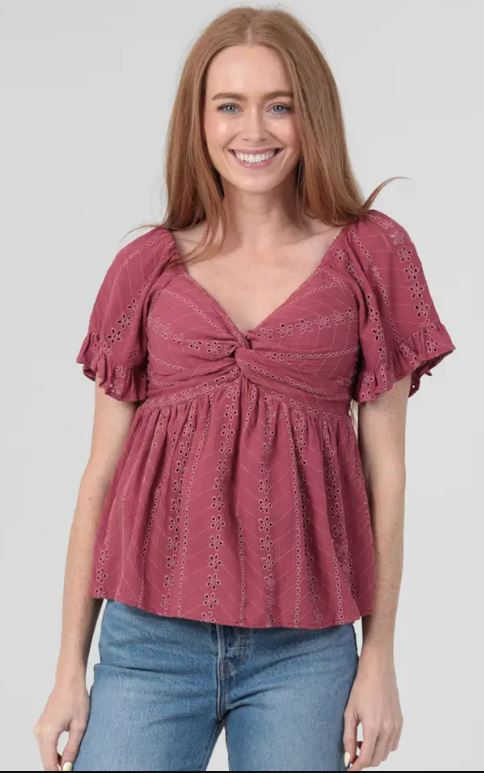 Angie Dried Rose Eyelet Embroidered Twist Front Blouse C1286-EM08