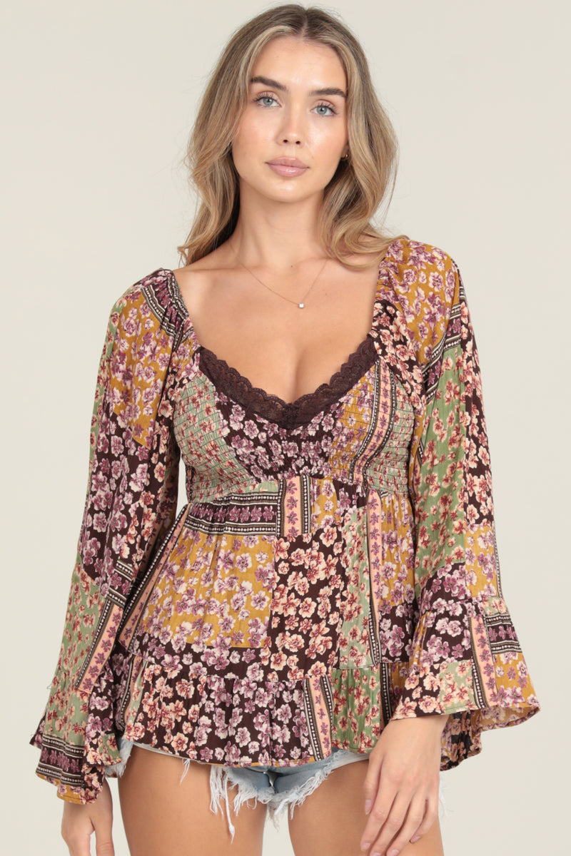 Angie Flare Sleeve V-Neck With Lace Trim Top C2E10-A947