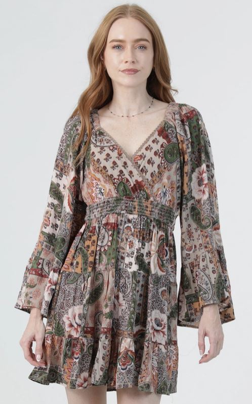 Angie Safari Bell Sleeve Dress With Crochet Detail Neckline C4G67-W909