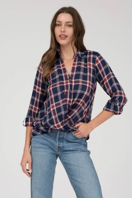 Blu Pepper Navy Plaid Button Down Wrap Front Top CR2095A