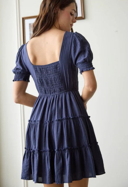 Blu Pepper Navy Square Neck Smocked Detail Tiered Mini Dress CR2466