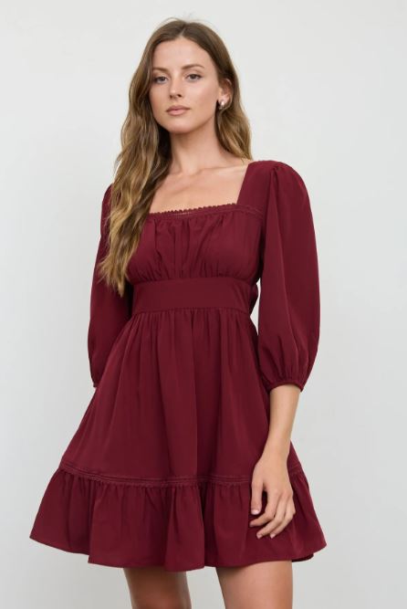 Blu Pepper Burgundy 3/4 Sleeve Lace Trim Square Neck Mini Dress CR3135