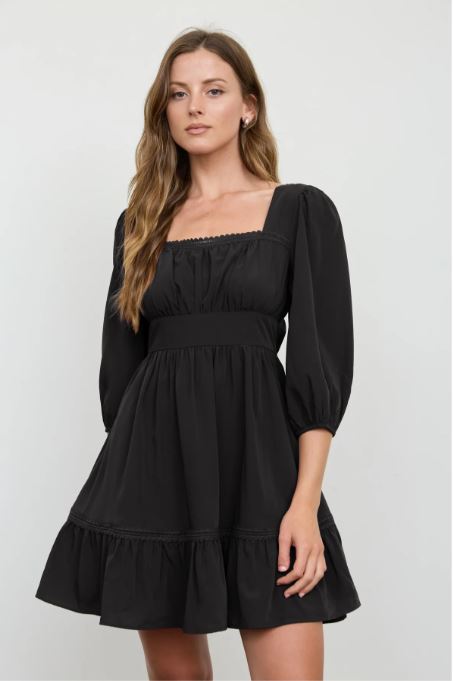 Blu Pepper Black 3/4 Sleeve Lace Trim Square Neck Mini Dress CR3135