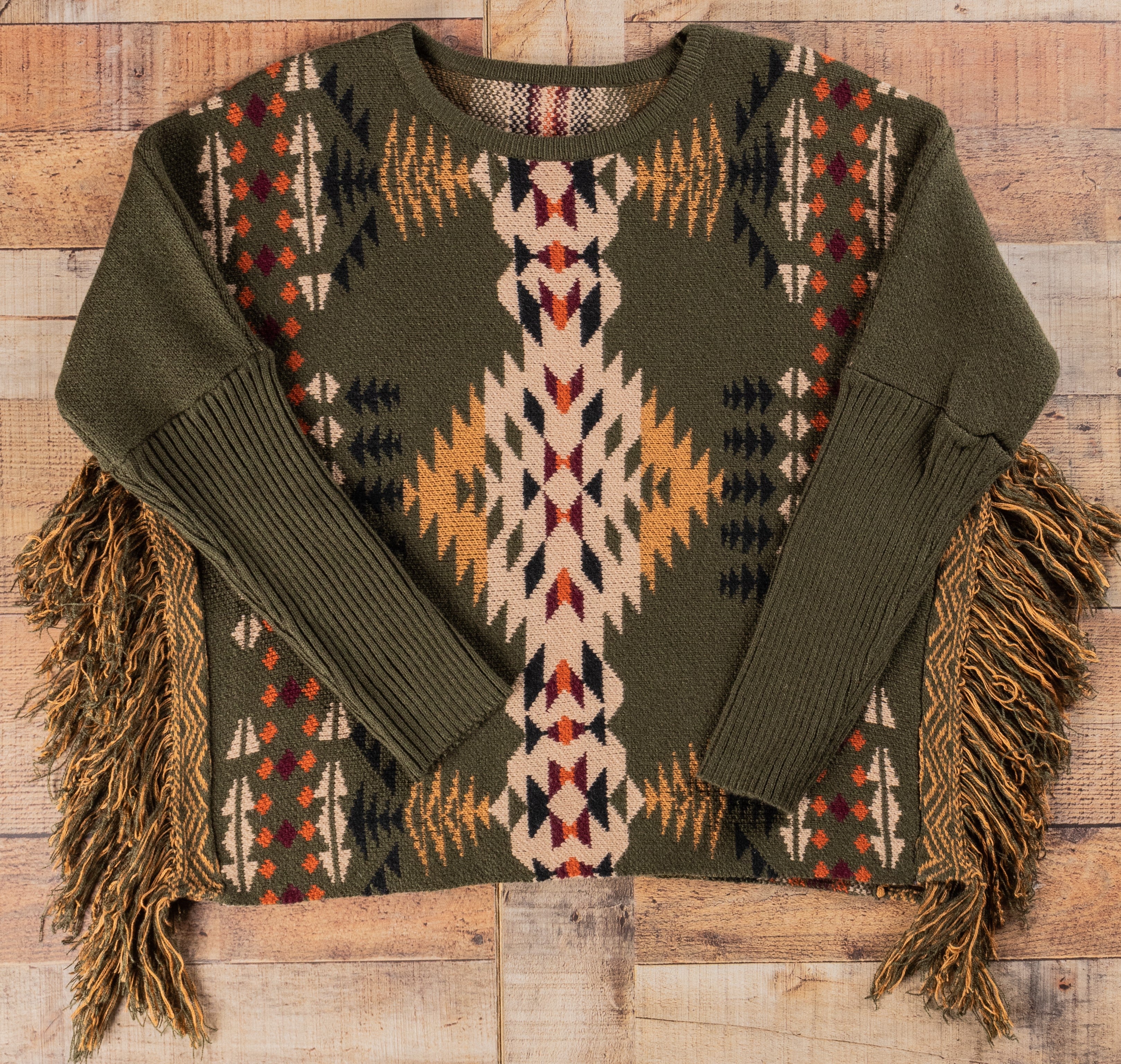 Cotton & Rye Olive Green Aztec Sweater With Fringe CRK515M