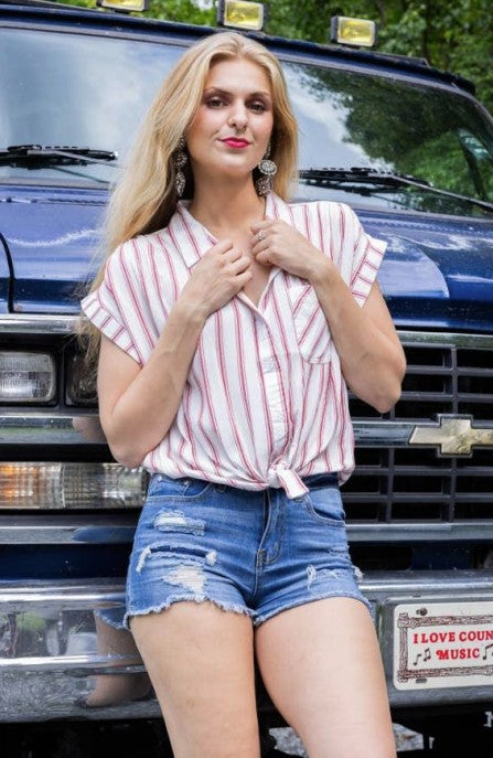 Cotton & Rye White/Red Short Sleeve Button Down Stripe Shirt CRW933R