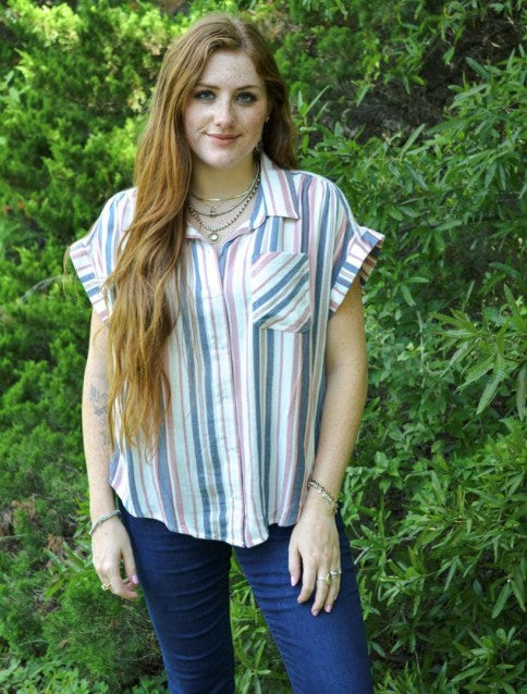 Cotton & Rye White/Blue/Pink Short Sleeve Button Down Stripe Shirt CRW9506