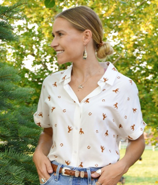 Cotton & Rye Rust Embroidered Horse Print Button Down Shirt CRWW027-099