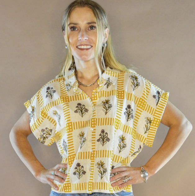 Cotton & Rye Ivory/Mustard Block Print Button Down Camp Shirt CRWW101-098