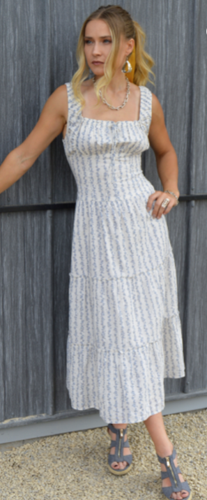 Cotton & Rye Ivory/Blue Bluebell Wallpaper Stripe Tiered Ruffle Dress CRWWD090-075