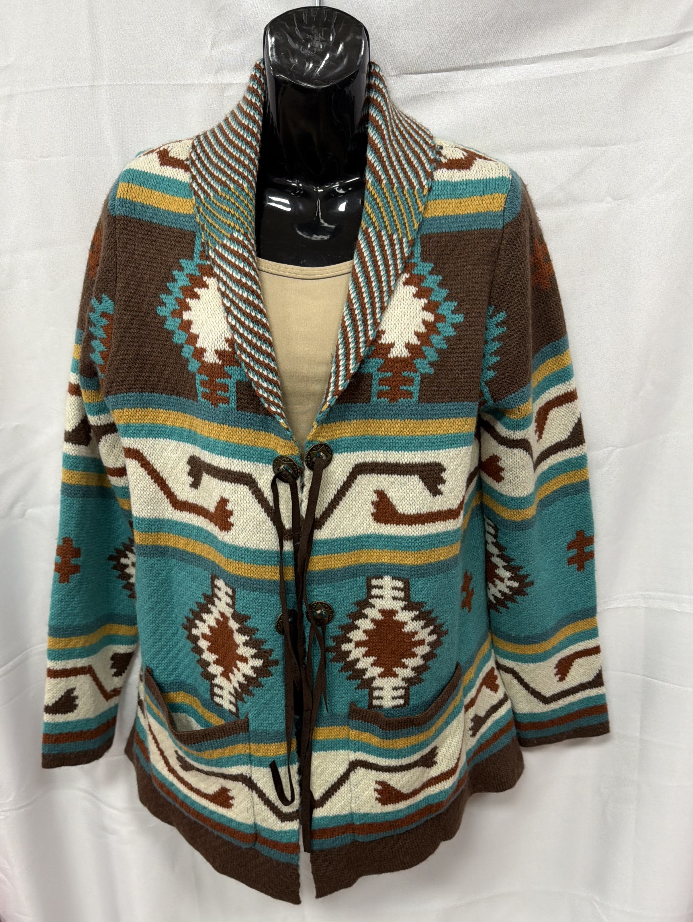 Cotton & Rye Teal/Brown Aztec Women's Concho Sweater CRK090M