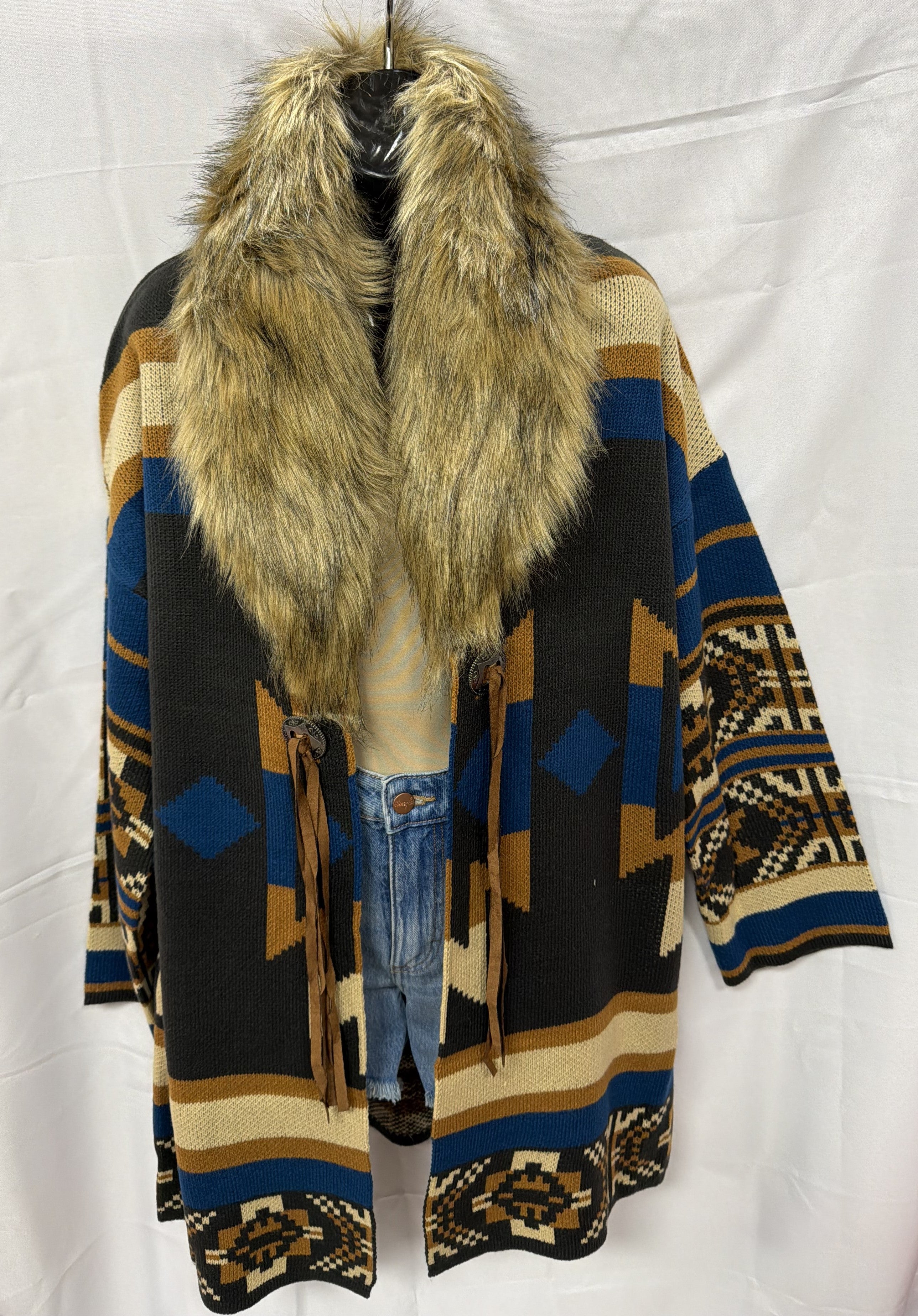 Cotton & Rye Black Aztec Fur Collar Women's Duster CRK237M
