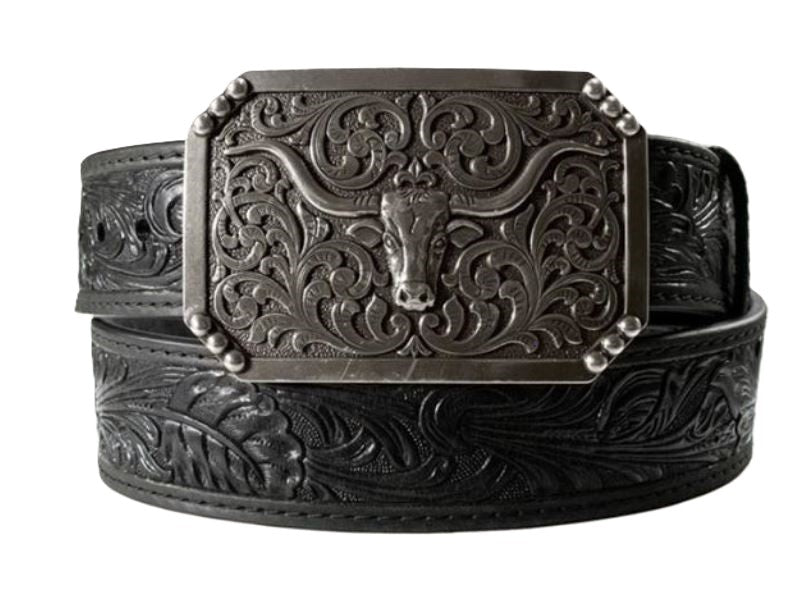 3D Black Leather Men's Belt with Rectangle Longhorn Motif Buckle D100012101