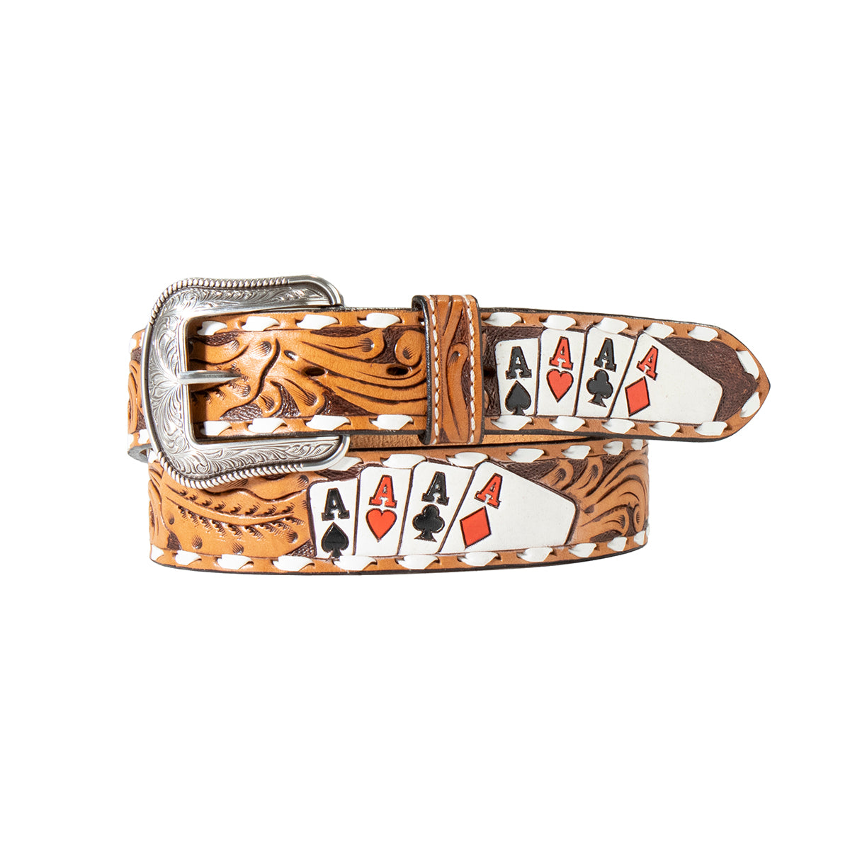 3D Natural Men's Leather Belt with Handpainted Ace Cards and an Antique Silver Finish Buckle D100016848