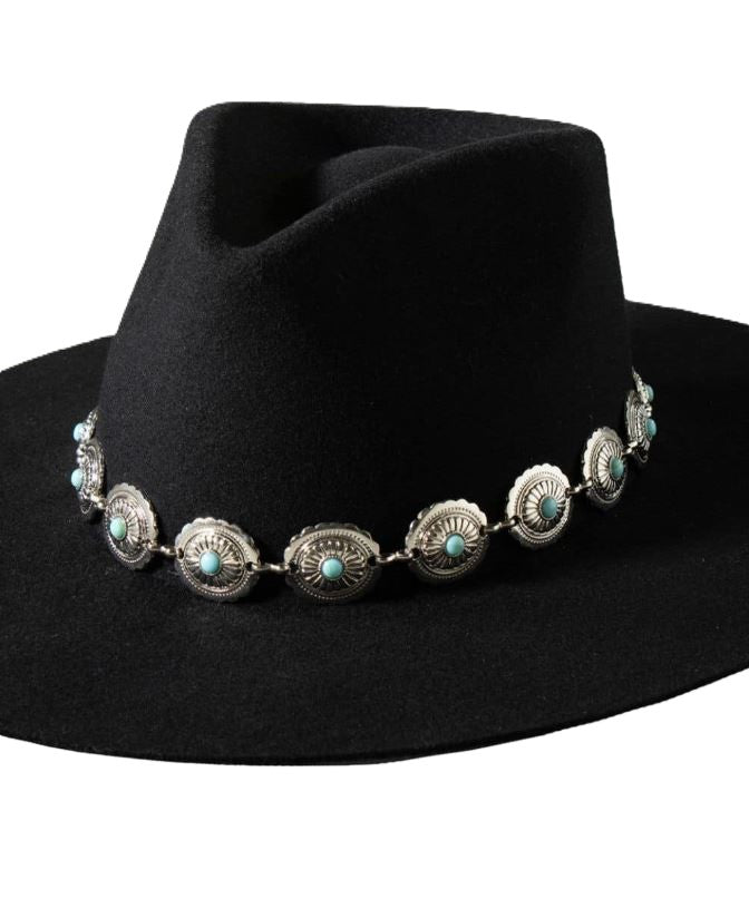 3D Chain Hatband with Silver Conchos with a Turquoise Resin Stone (Hat not included) D740001733