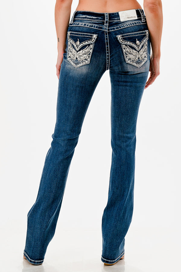 Grace in LA Medium Blue Wash Easy Fit Women's Faux Flap Feather Wing Bootcut Jeans EB-51951