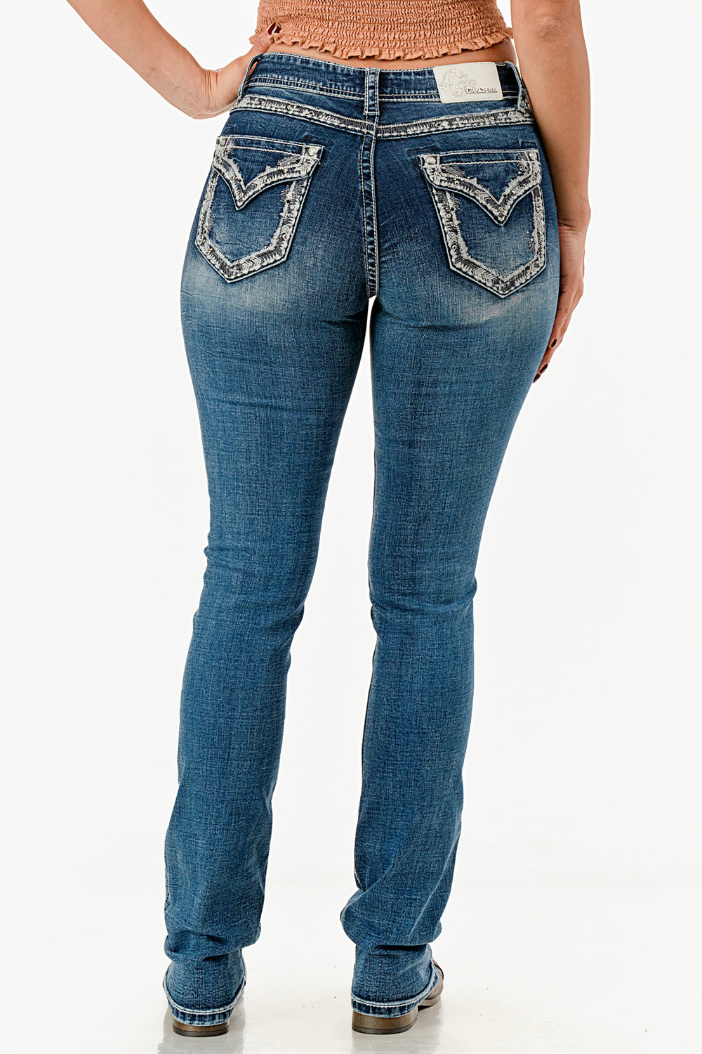 Grace in LA Dark Wash Easy Fit Mid Rise Bootcut Women's Jeans with Border Faux Flap Pockets EB51994MD-32